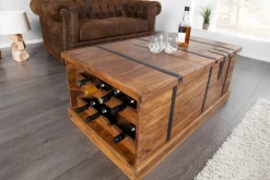 Massivholz Couchtisch BODEGA 100cm braun Sheesham stone finish Truhe Stauraum Weinregal