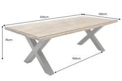 Massivholz Esstisch BARRACUDA 220cm natur Teak schwarz Metall X-Gestell inkl. Glasplatte