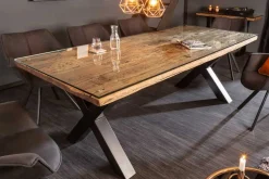 Massivholz Esstisch BARRACUDA 220cm natur Teak schwarz Metall X-Gestell inkl. Glasplatte