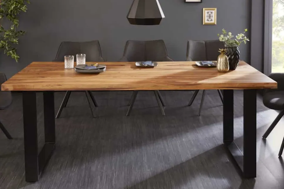 Massivholz Esstisch IRON CRAFT 180cm braun schwarz Sheesham stone finish Industrial
