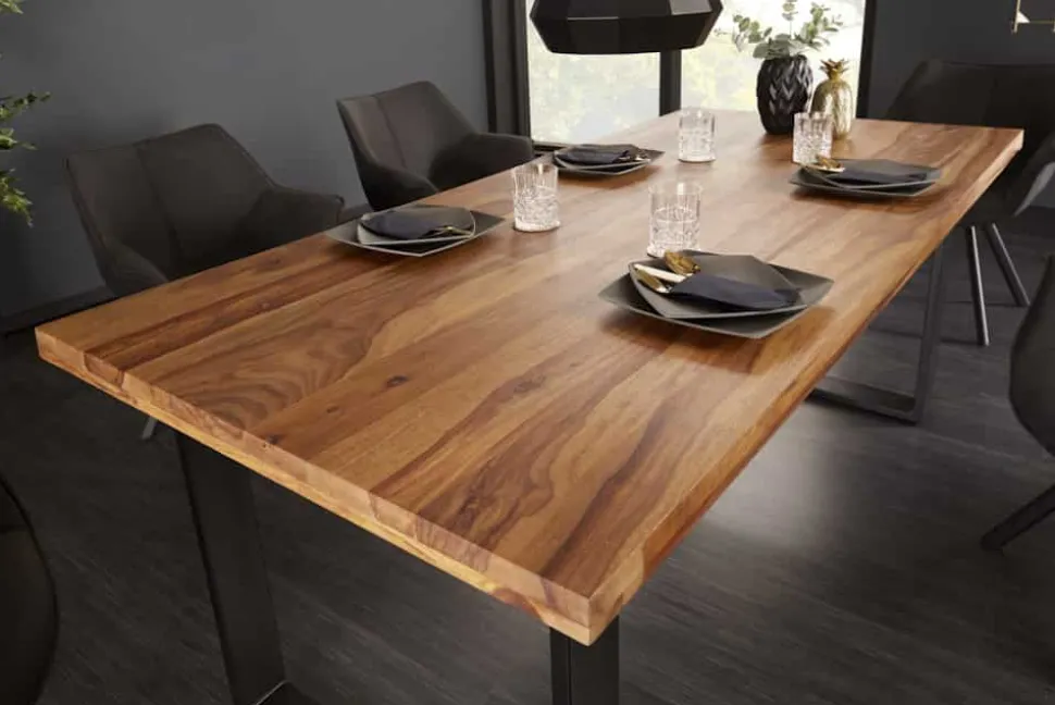 Massivholz Esstisch IRON CRAFT 180cm braun schwarz Sheesham stone finish Industrial