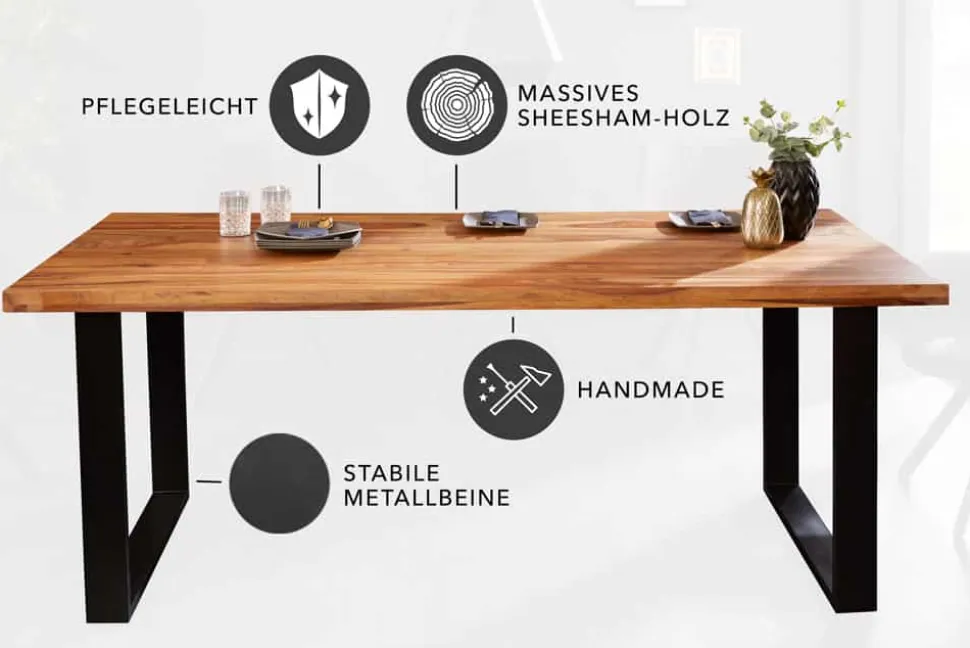 Massivholz Esstisch IRON CRAFT 180cm braun schwarz Sheesham stone finish Industrial