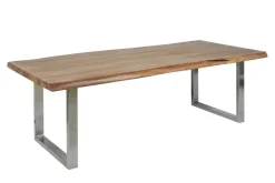 Massivholz Esstisch MAMMUT NATURE 240cm Akazie Baumkante 6cm Tischplatte Edelstahlbeine