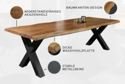 Massivholz Esstisch MAMMUT NATURE 200cm Akazie X-Gestell anthrazit Baumkante 6cm Tischplatte