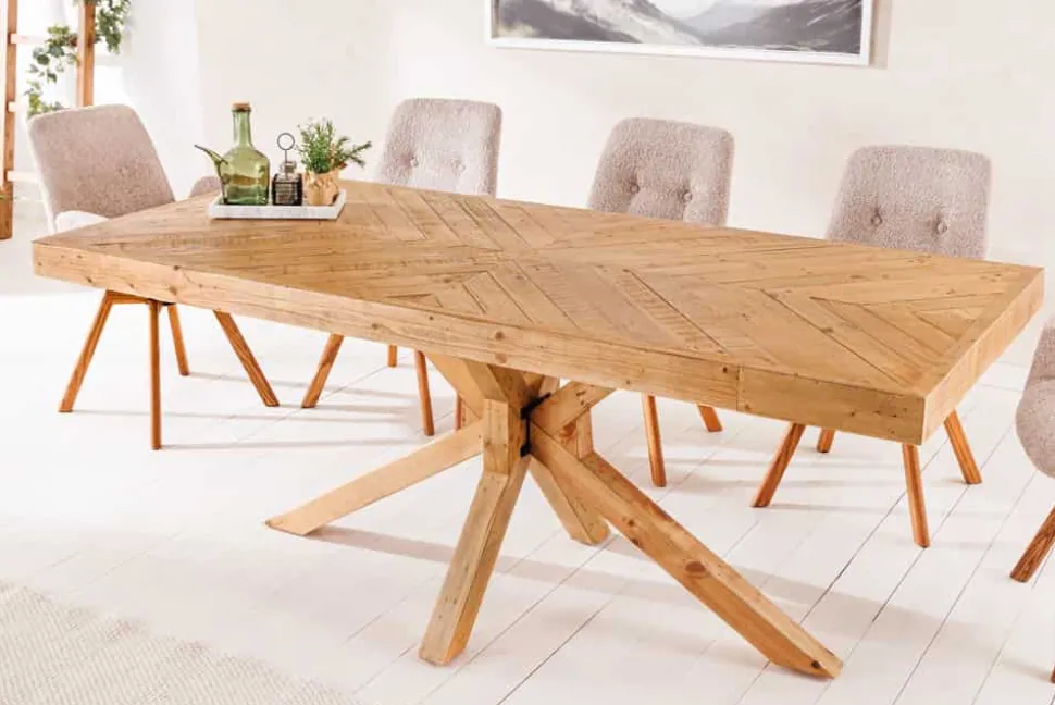 Massivholz Esstisch MOSAIK 160cm natur Pinienholz recycelt Sterngestell
