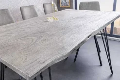 Massivholz Esstisch SCORPION 140cm grau Akazie Baumkante schwarze Metallbeine Hairpin Legs