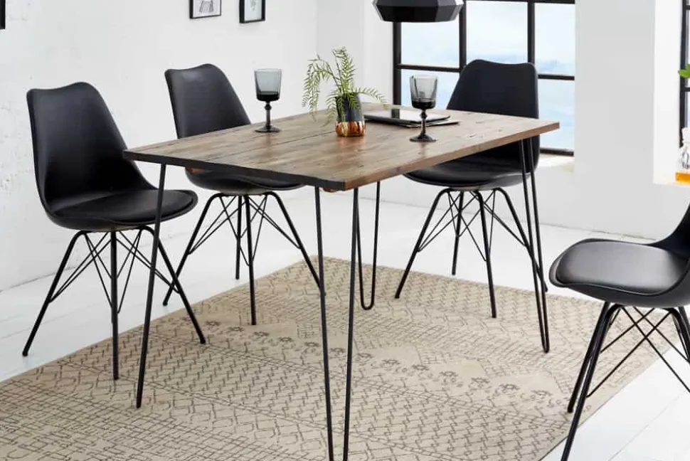 Massivholz Esstisch SCORPION 120cm braun Akazie schwarze Metallbeine Hairpin Legs Retro