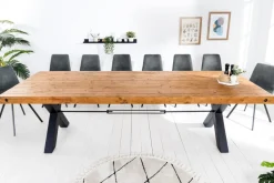 Massivholz Esstisch THOR 300cm vintage braun Pinie recycelt Industrial Design Eisen X-Gestell