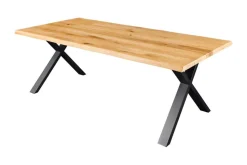 Massivholz Esstisch WILD OAK 160cm natur schwarz Wildeiche Baumkante geölt X-Gestell