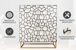 Massivholz Highboard VULCANO 120cm weiß schwarz Mangoholz mit 3D Schnitzereien handmade Metallgestell gold