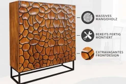 Massivholz Highboard VULCANO 120cm braun Mangoholz mit 3D Schnitzereien handmade Metallgestell schwarz