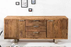 Massivholz Sideboard BARRACUDA 160cm Teak antik Kommode mit Schubladen Stahl Kufenfüßen