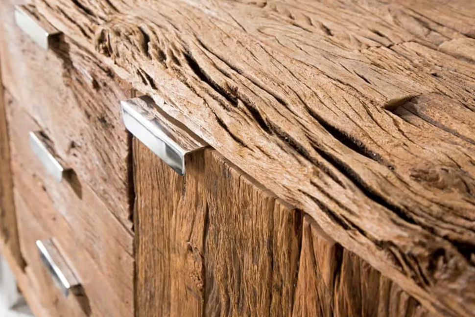 Massivholz Sideboard BARRACUDA 160cm Teak antik Kommode mit Schubladen Stahl Kufenfüßen