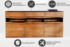 Massivholz Sideboard GRAND ACACIA 180cm braun Akazie mit LED-Beleuchtung Baumkante