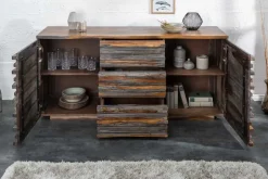 Massivholz Sideboard RELIEF 160cm Sheesham grau smoke finish Kommode mit Schubladen