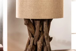 Massivholz Tischlampe HARMONY NATURE 50cm beige Teak mit Leinenschirm