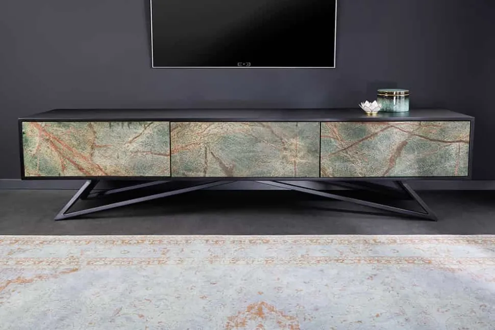 Massivholz TV Lowboard MOUNTAIN SOUL 200cm echter Naturstein Akazie schwarz hängend / stehend