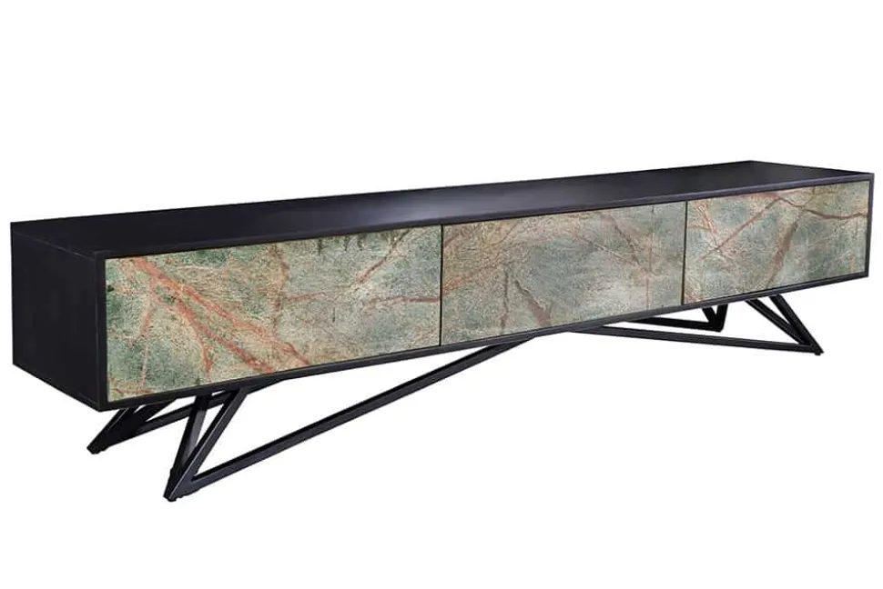 Massivholz TV Lowboard MOUNTAIN SOUL 200cm echter Naturstein Akazie schwarz hängend / stehend