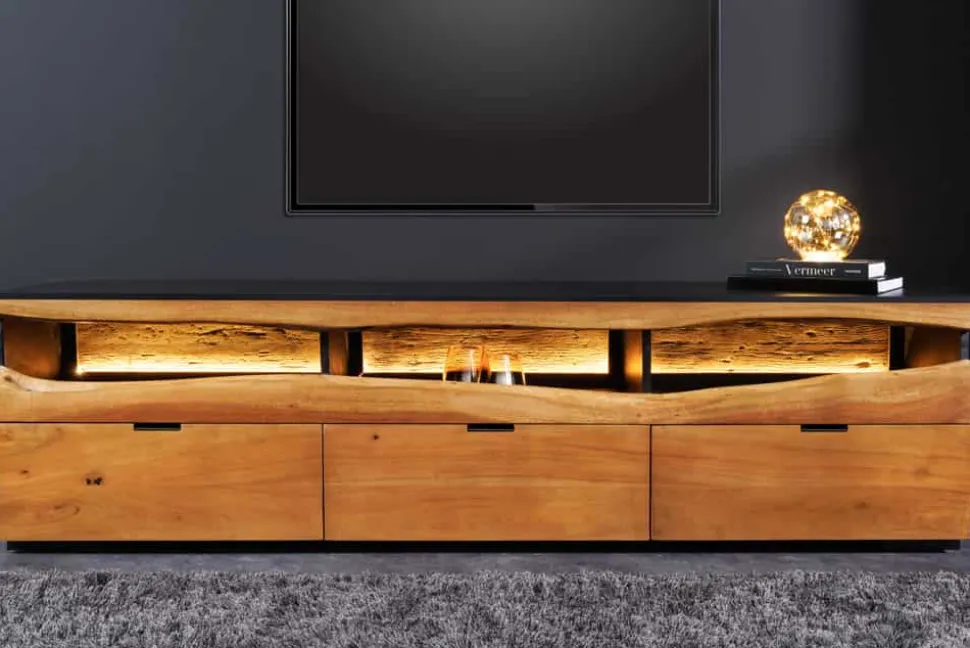 Massivholz TV-Lowboard GRAND ACACIA 180cm braun Akazie mit LED-Beleuchtung Baumkante