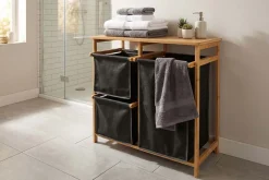 Massivholz Wäschekorb LAGOON SPA 70cm natur grau Bambus drei Wäschebeutel waschbar