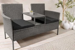 Moderne Gartenbank PORTOFINO 140cm grau Polyrattan Outdoor Sitzbank mit Tisch wetterfest