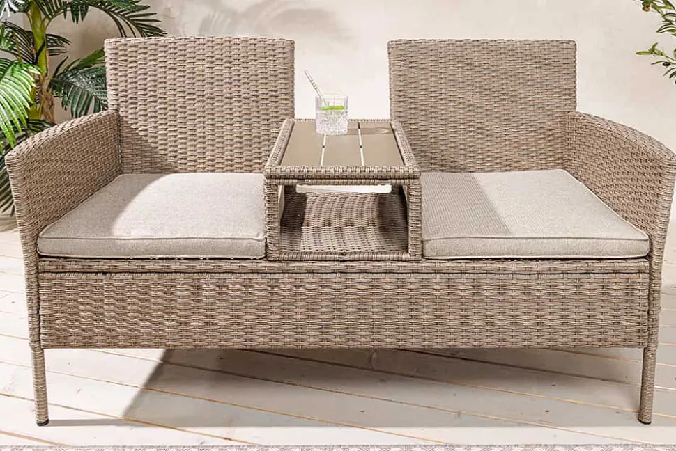 Moderne Gartenbank PORTOFINO 140cm natur beige Polyrattan Sitzbank mit Tisch wetterfest