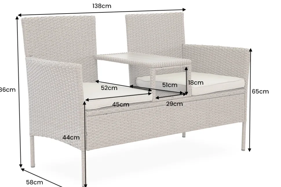 Moderne Gartenbank PORTOFINO 140cm natur beige Polyrattan Sitzbank mit Tisch wetterfest