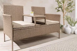 Moderne Gartenbank PORTOFINO 140cm natur beige Polyrattan Sitzbank mit Tisch wetterfest