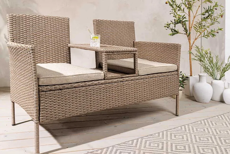 Moderne Gartenbank PORTOFINO 140cm natur beige Polyrattan Sitzbank mit Tisch wetterfest