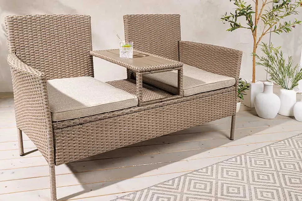 Moderne Gartenbank PORTOFINO 140cm natur beige Polyrattan Sitzbank mit Tisch wetterfest
