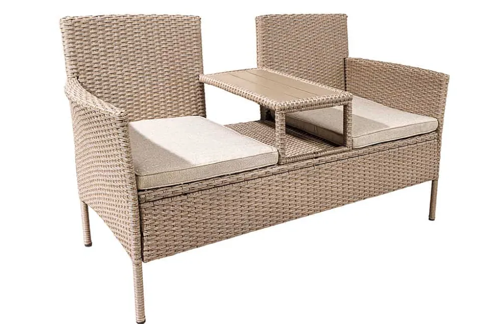 Moderne Gartenbank PORTOFINO 140cm natur beige Polyrattan Sitzbank mit Tisch wetterfest