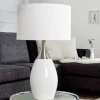 Moderne Tischlampe CARLA 60cm weiß silber mit Leinenschirm
