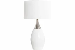 Moderne Tischlampe CARLA 60cm weiß silber mit Leinenschirm