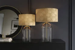 Moderne Tischlampe CLASSICO 50cm transparent Glas weiß gold Leinenschirm