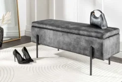 Moderne Truhenbank LOFT 100cm grau Samt Sitzbank mit Stauraum gespolstert schwarz Metall