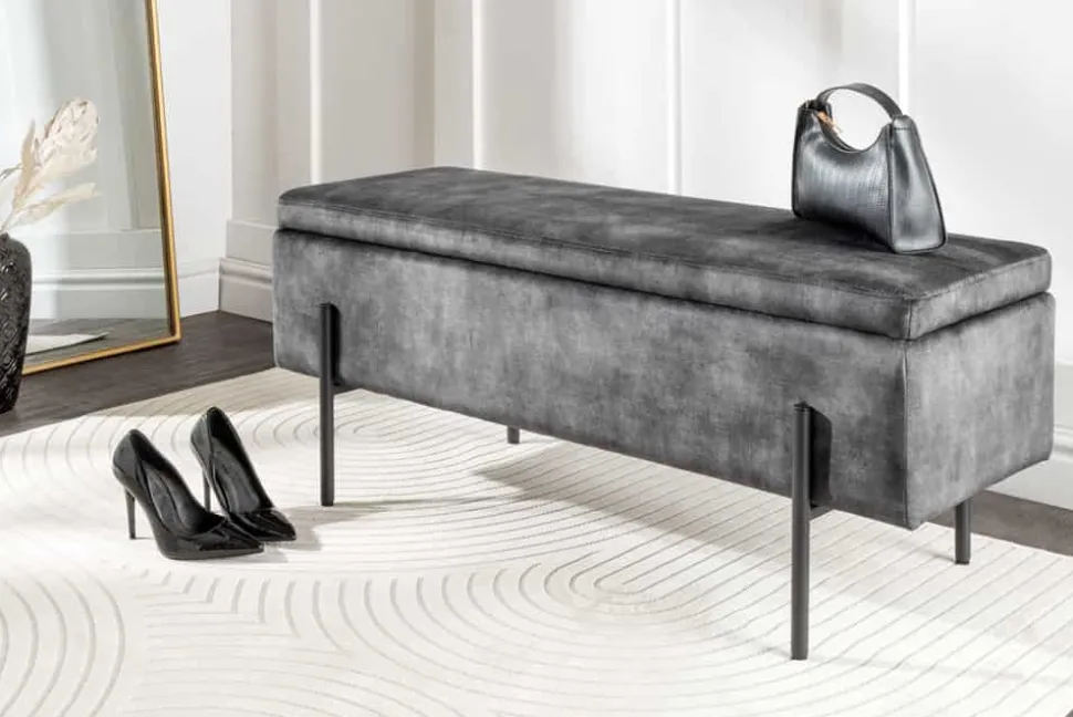 Moderne Truhenbank LOFT 100cm grau Samt Sitzbank mit Stauraum gespolstert schwarz Metall