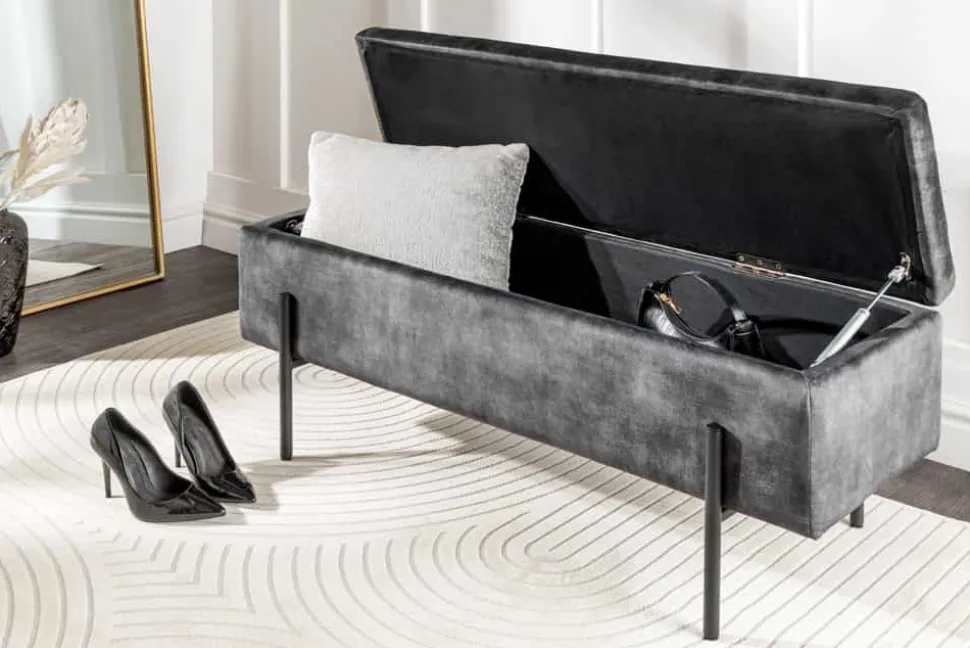 Moderne Truhenbank LOFT 100cm grau Samt Sitzbank mit Stauraum gespolstert schwarz Metall