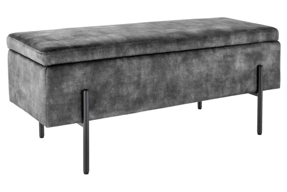 Moderne Truhenbank LOFT 100cm grau Samt Sitzbank mit Stauraum gespolstert schwarz Metall