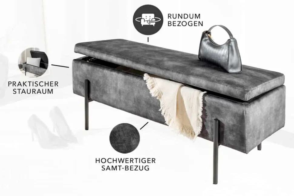 Moderne Truhenbank LOFT 100cm grau Samt Sitzbank mit Stauraum gespolstert schwarz Metall