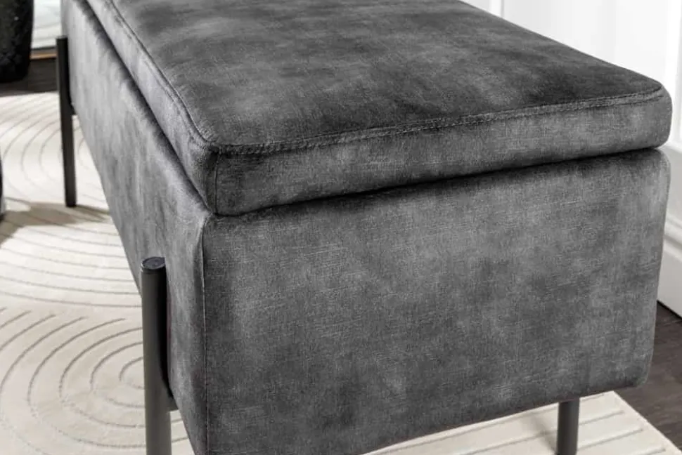 Moderne Truhenbank LOFT 100cm grau Samt Sitzbank mit Stauraum gespolstert schwarz Metall