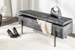 Moderne Truhenbank LOFT 100cm grau Samt Sitzbank mit Stauraum gespolstert schwarz Metall