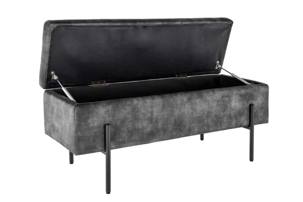 Moderne Truhenbank LOFT 100cm grau Samt Sitzbank mit Stauraum gespolstert schwarz Metall