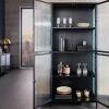 Moderne Vitrine AMSTERDAM 180cm schwarz gold Riffelglas Metall Highboard Schrank