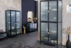 Moderne Vitrine AMSTERDAM 180cm schwarz gold Riffelglas Metall Highboard Schrank