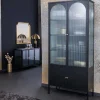 Moderne Vitrine PARIS 180cm schwarz gold Riffelglas Metall Highboard Schrank