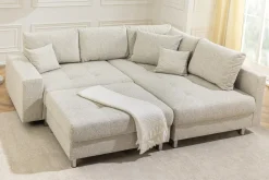 Moderne Wohnlandschaft KENT 220cm beige Strukturstoff Ecksofa Federkern inkl. Hocker