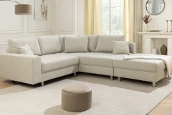 Moderne Wohnlandschaft KENT 220cm beige Strukturstoff Ecksofa Federkern inkl. Hocker
