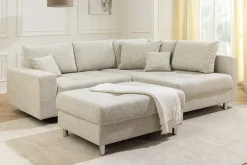 Moderne Wohnlandschaft KENT 220cm beige Strukturstoff Ecksofa Federkern inkl. Hocker