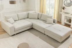 Moderne Wohnlandschaft KENT 220cm beige Strukturstoff Ecksofa Federkern inkl. Hocker