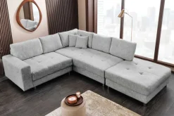 Moderne Wohnlandschaft KENT 220cm grau Strickstoff Ecksofa inkl. Hocker und Kissen